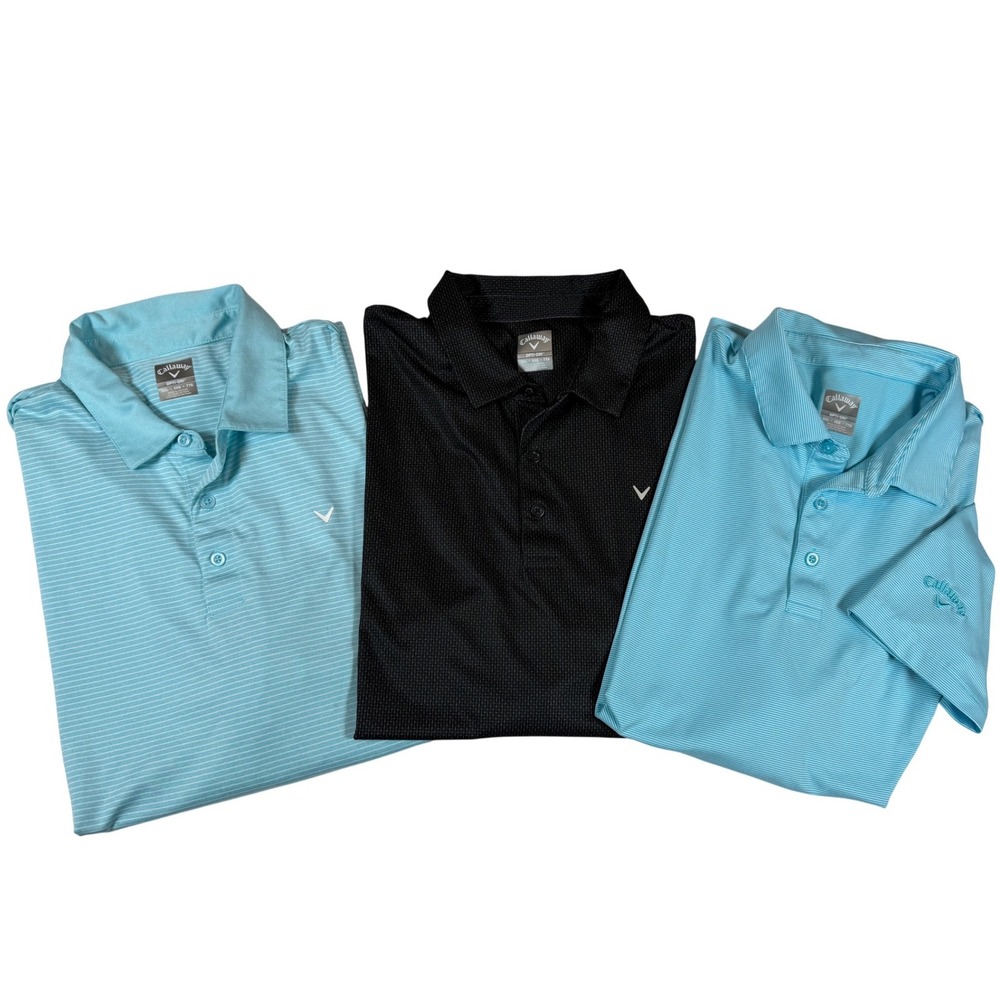 Callaway Opti-Dri Golf Polo Shirts Bundle Mens XXL Blue Striped Black Lot 3 Pack